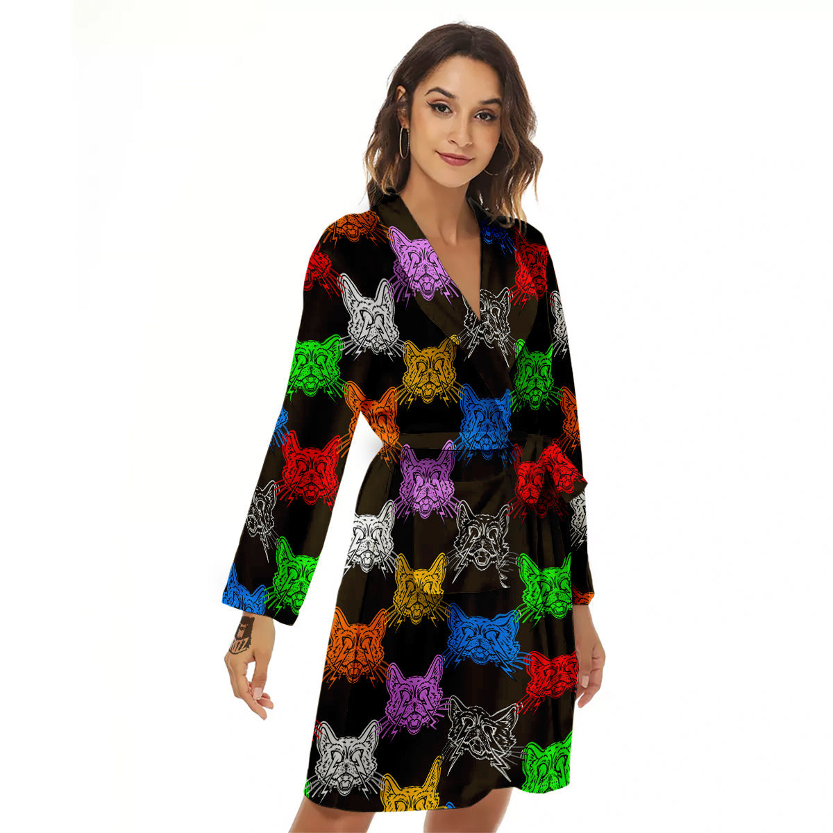 Colorful Crazy Cat Print Pattern Women's Robe-grizzshop