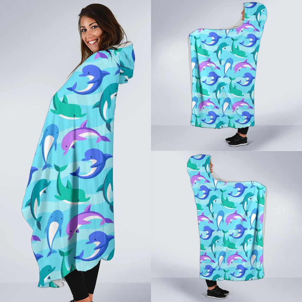 Colorful Dolphin Pattern Print Hooded Blanket-grizzshop