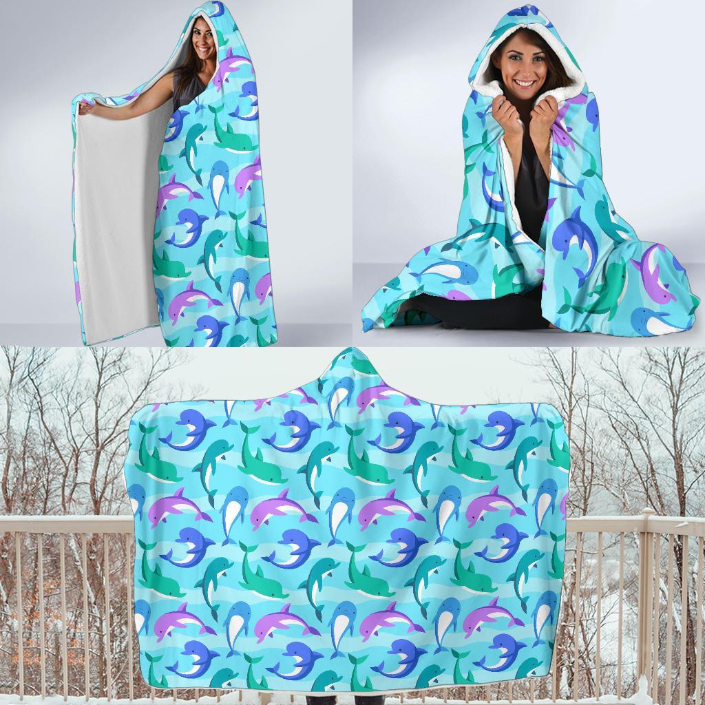 Colorful Dolphin Pattern Print Hooded Blanket-grizzshop