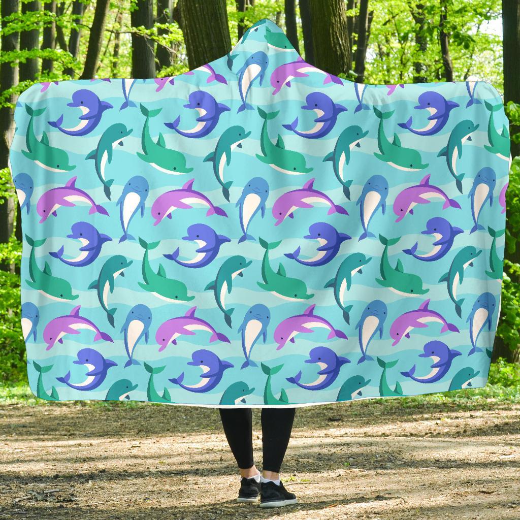 Colorful Dolphin Pattern Print Hooded Blanket-grizzshop