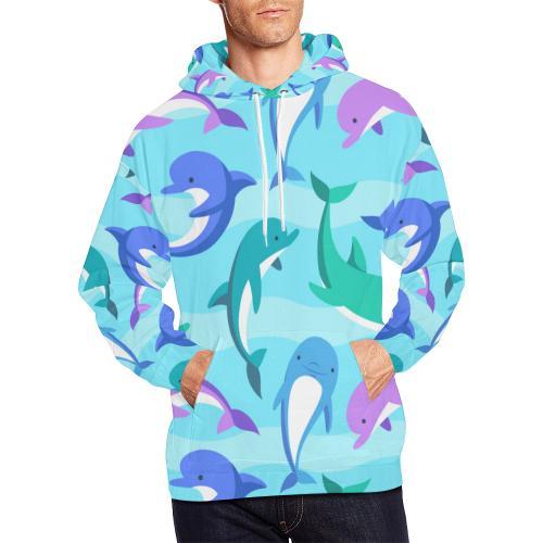 Colorful Dolphin Pattern Print Men Pullover Hoodie-grizzshop