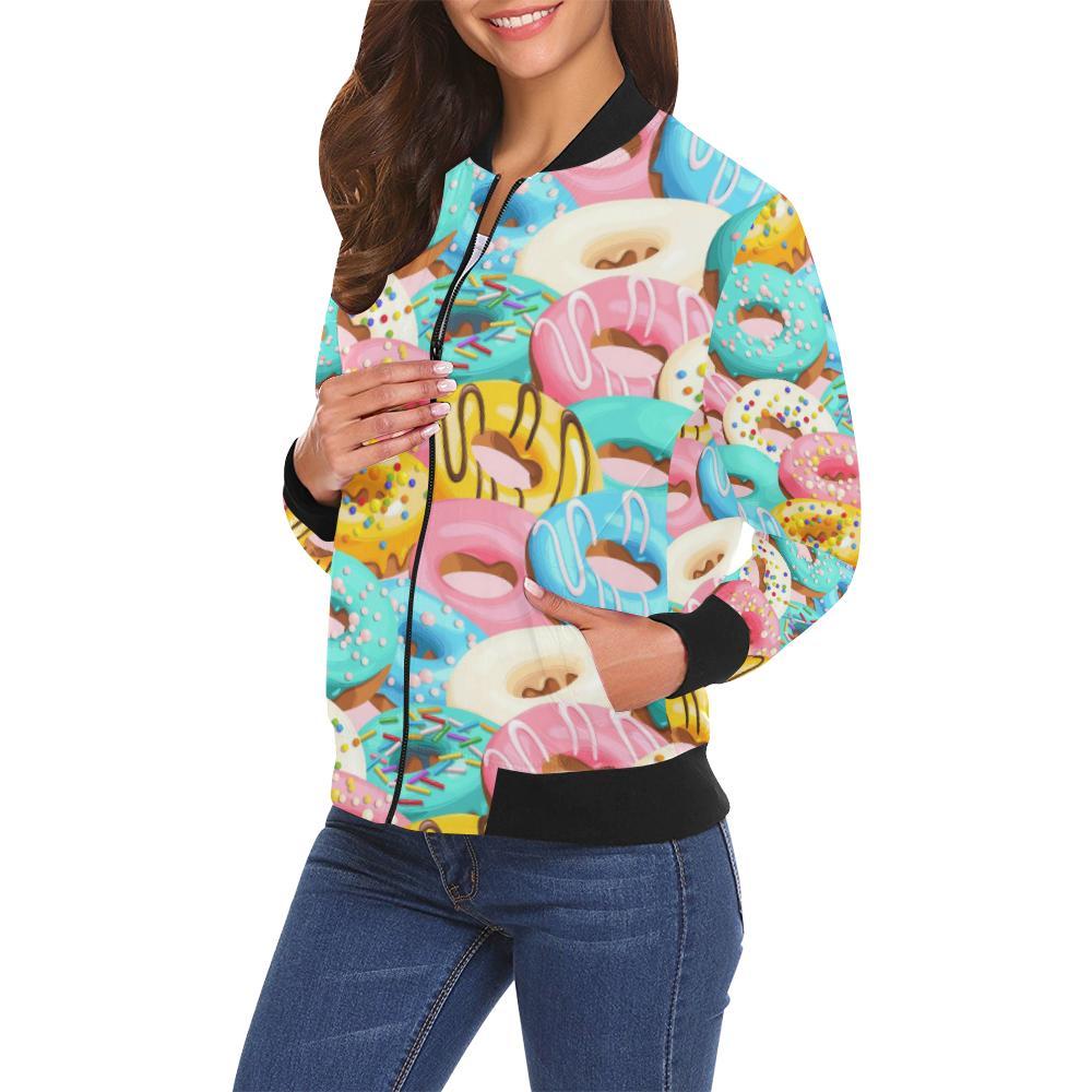 Colorful Donut Pattern Print Women Casual Bomber Jacket-grizzshop