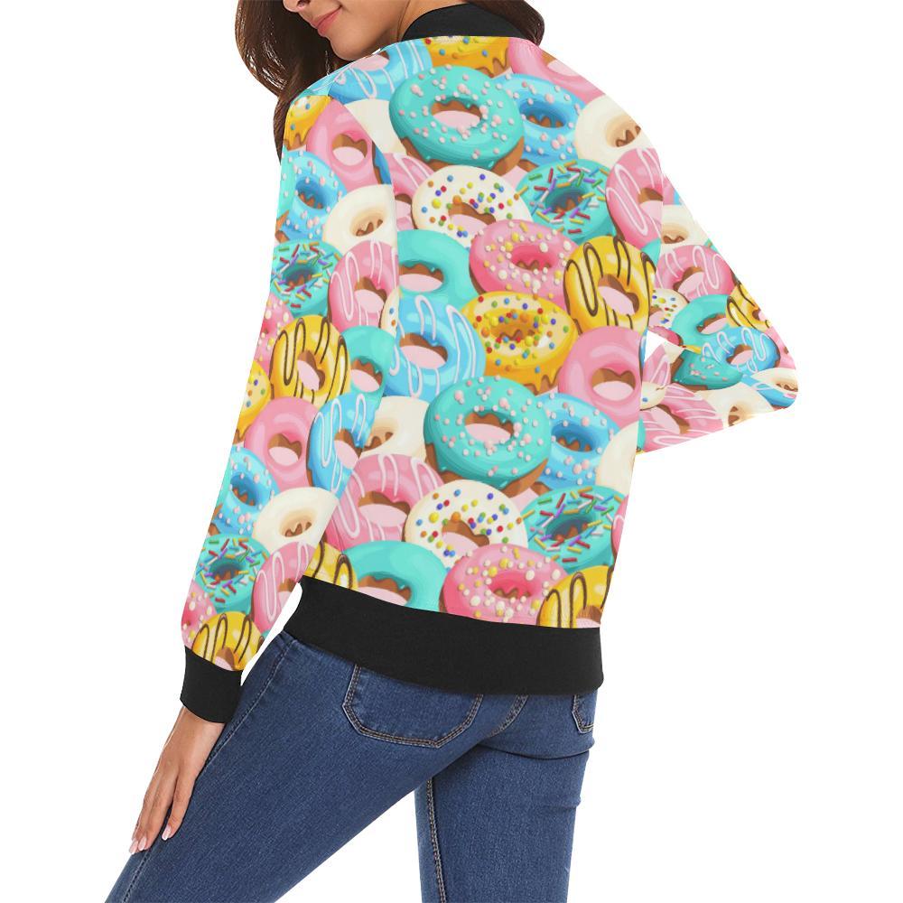 Colorful Donut Pattern Print Women Casual Bomber Jacket-grizzshop