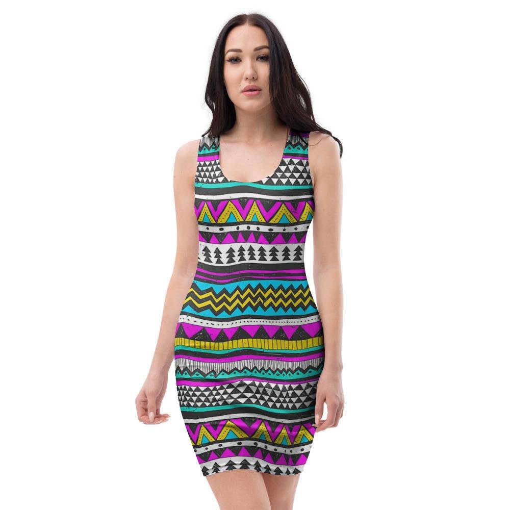 Colorful Indian Aztec Doodle Triangles Bodycon Dress-grizzshop