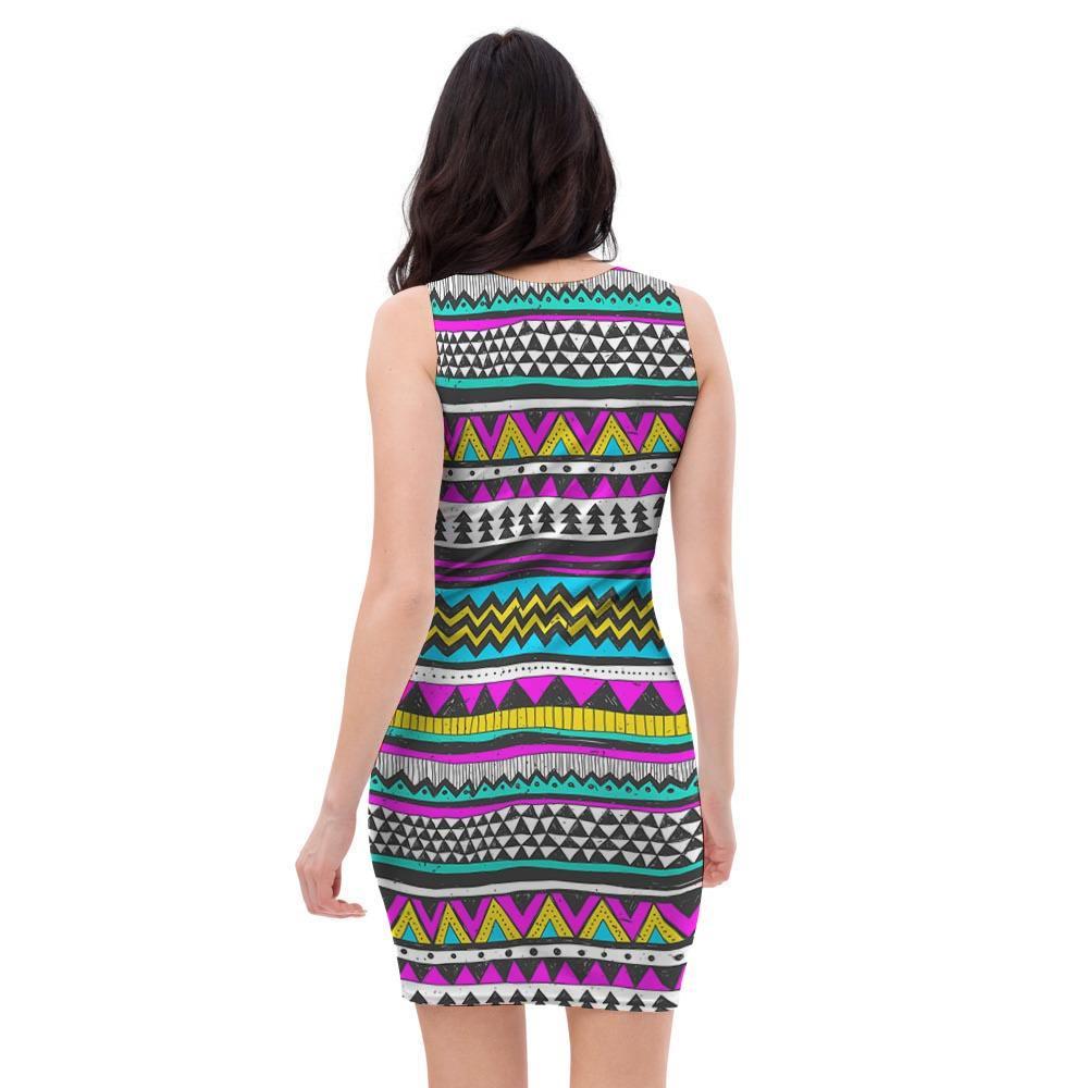 Colorful Indian Aztec Doodle Triangles Bodycon Dress-grizzshop