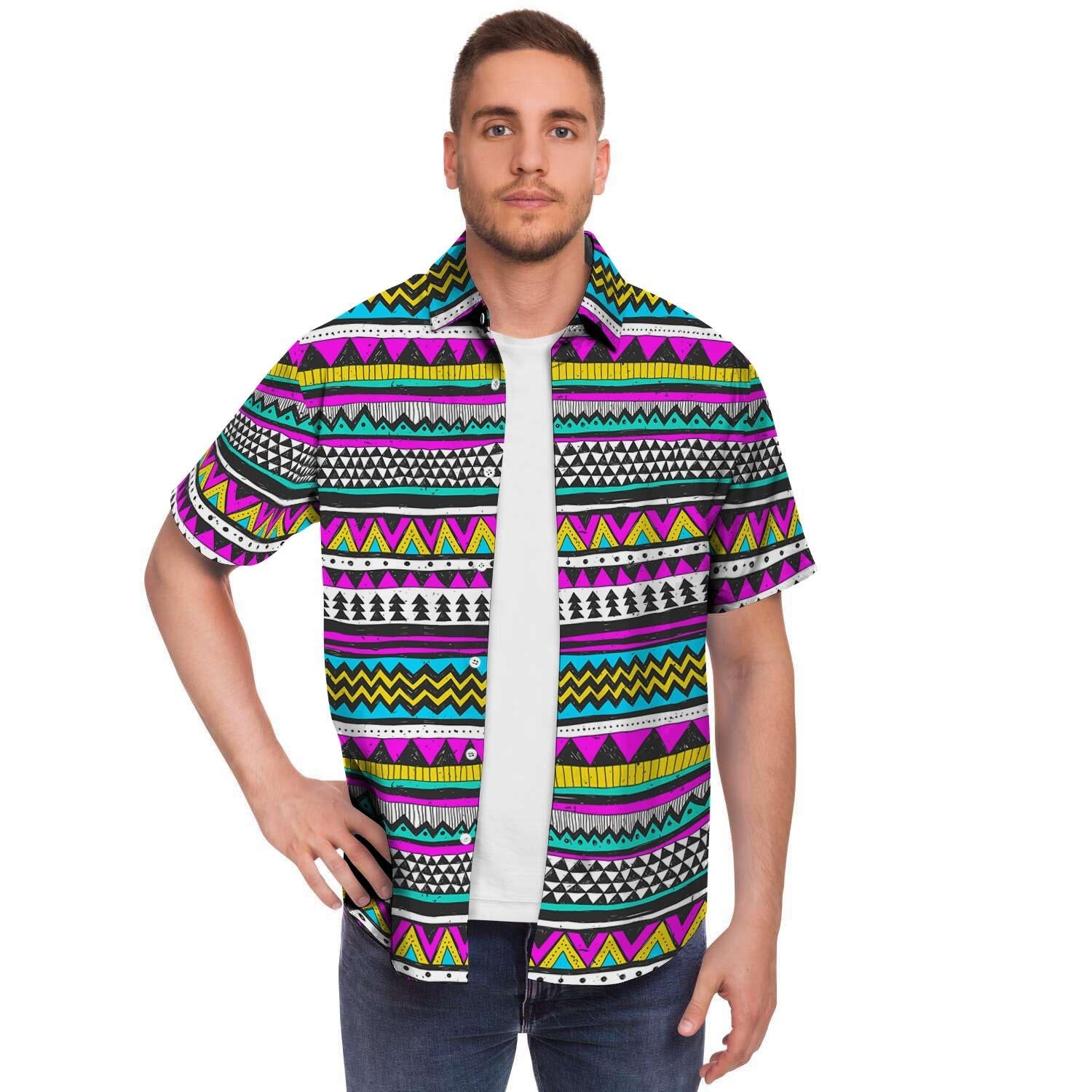 Colorful Indian Aztec Doodle Triangles Men's Short Sleeve Shirt-grizzshop