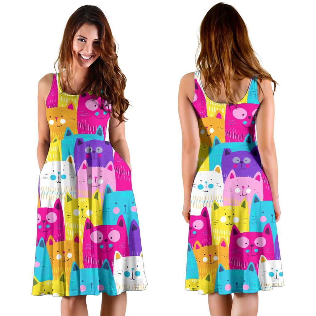 Colorful Kitten Cat Pattern Print Dress-grizzshop