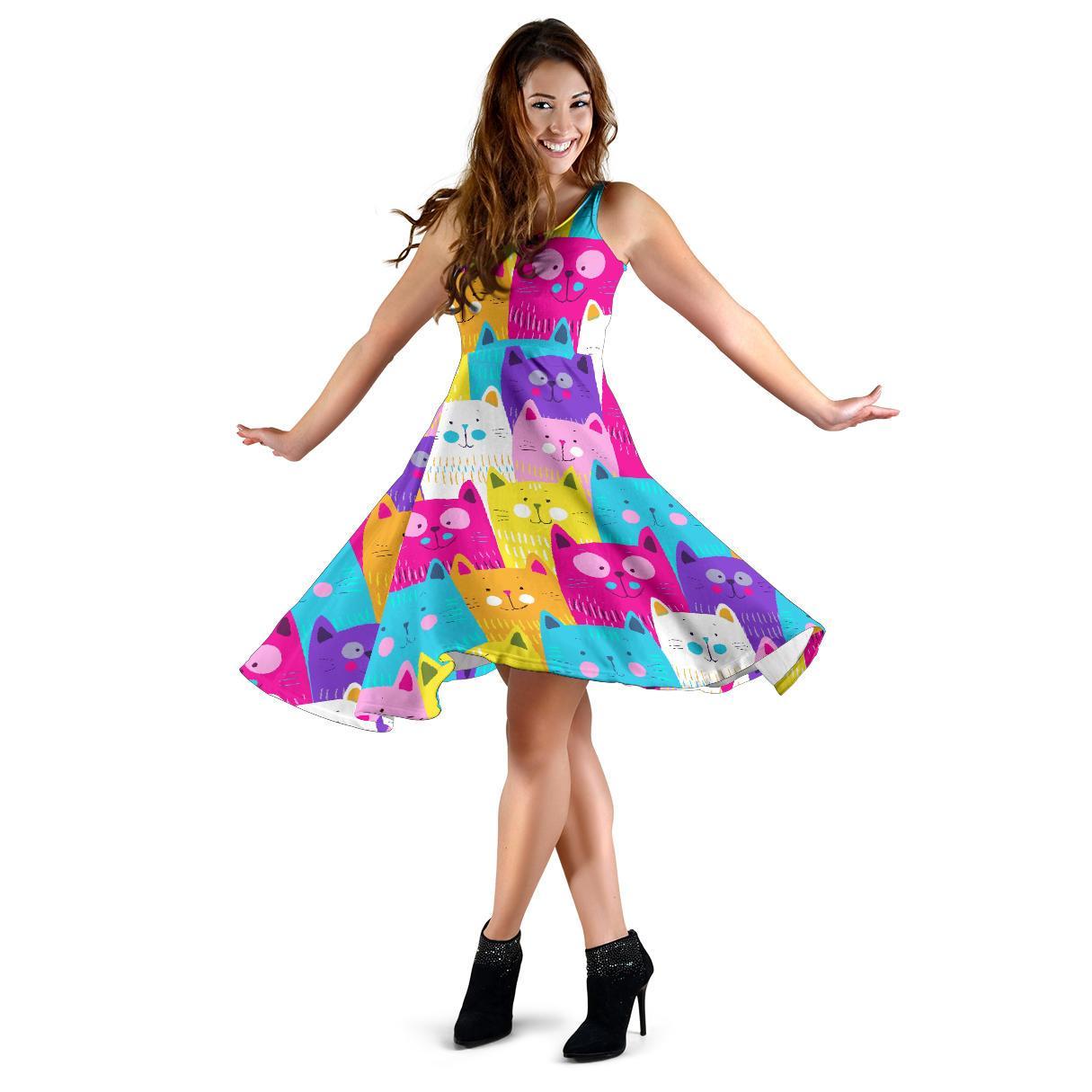 Colorful Kitten Cat Pattern Print Dress-grizzshop