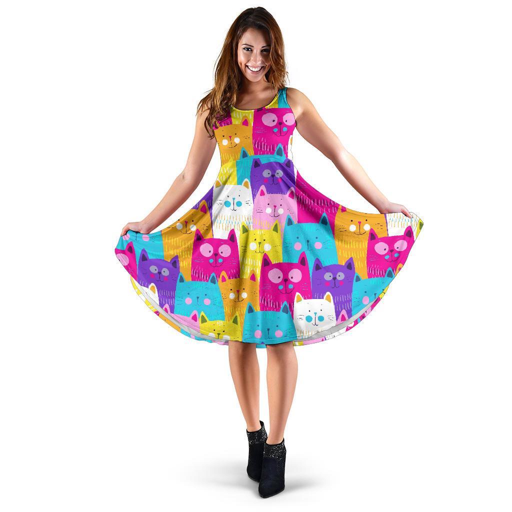 Colorful Kitten Cat Pattern Print Dress-grizzshop