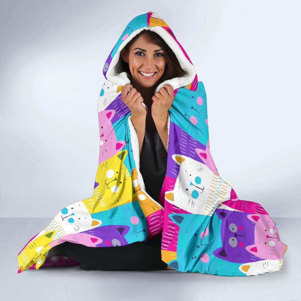 Colorful Kitten Cat Pattern Print Hooded Blanket-grizzshop
