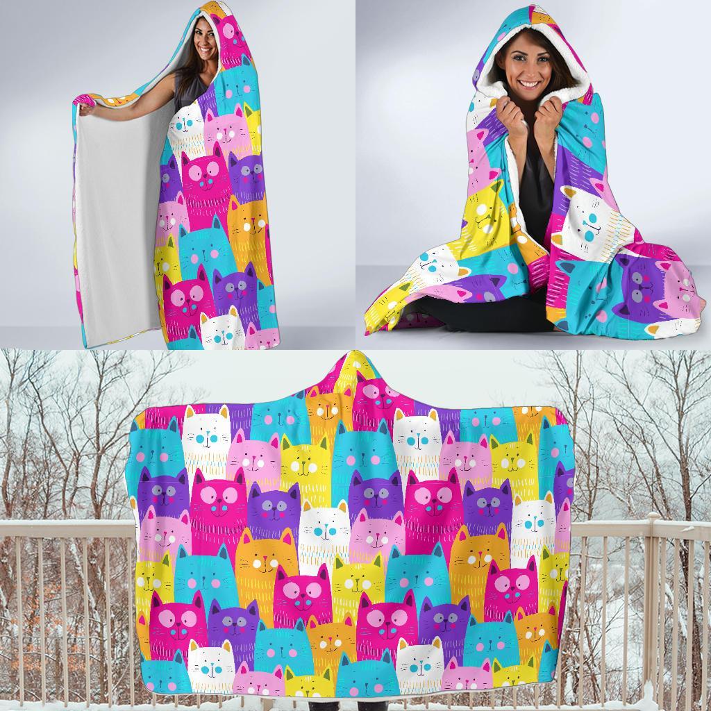 Colorful Kitten Cat Pattern Print Hooded Blanket-grizzshop