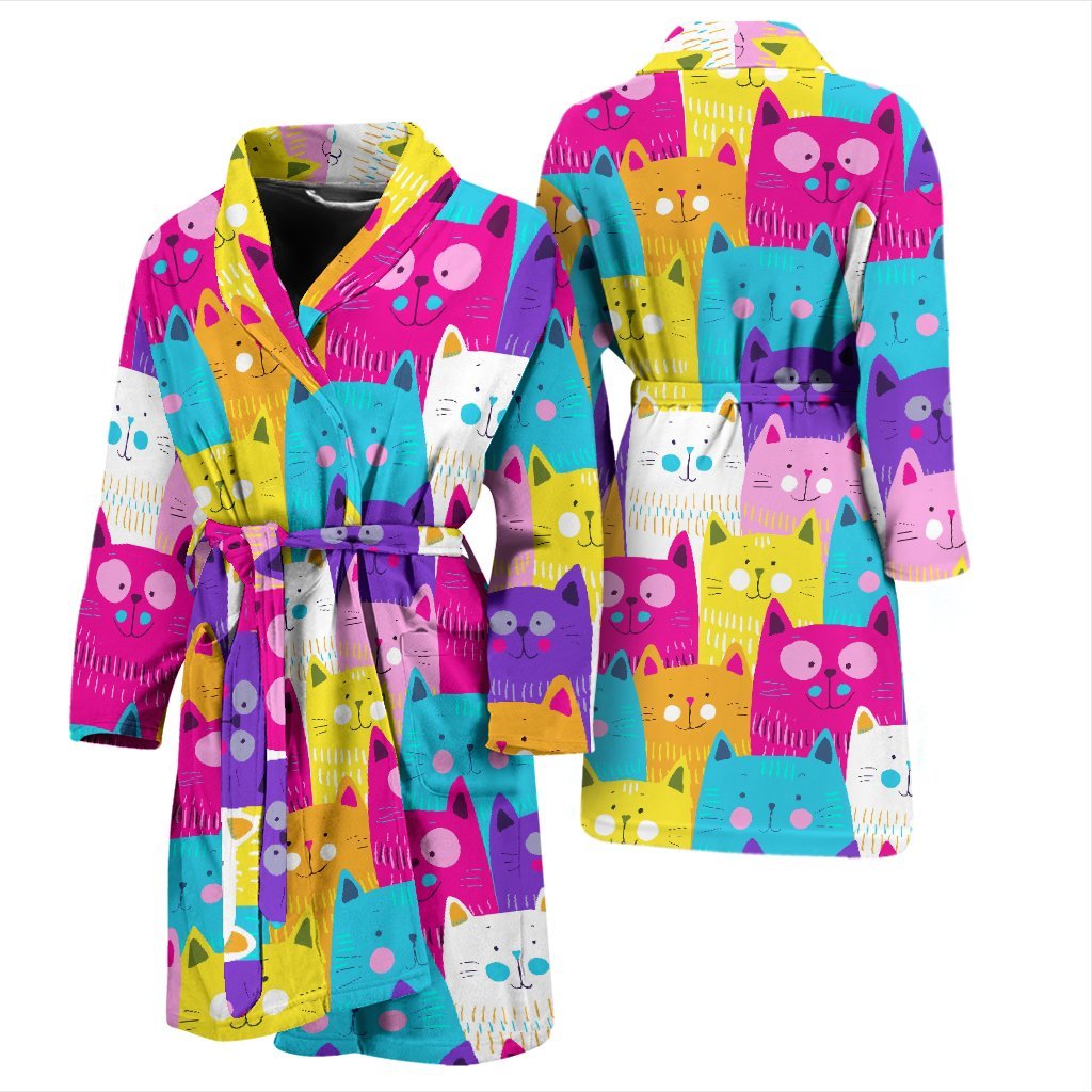 Colorful Kitten Cat Pattern Print Men Long Robe-grizzshop
