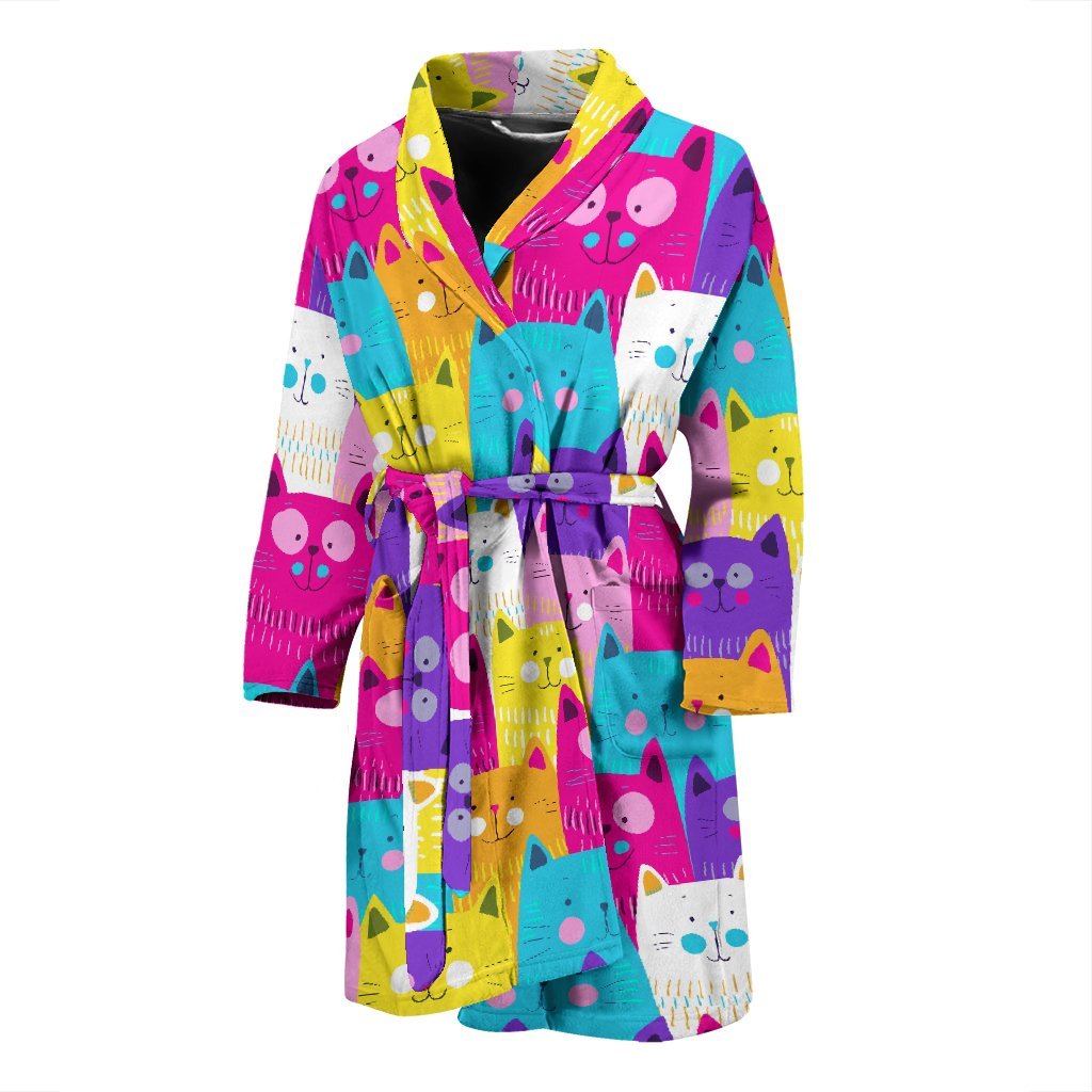 Colorful Kitten Cat Pattern Print Men Long Robe-grizzshop