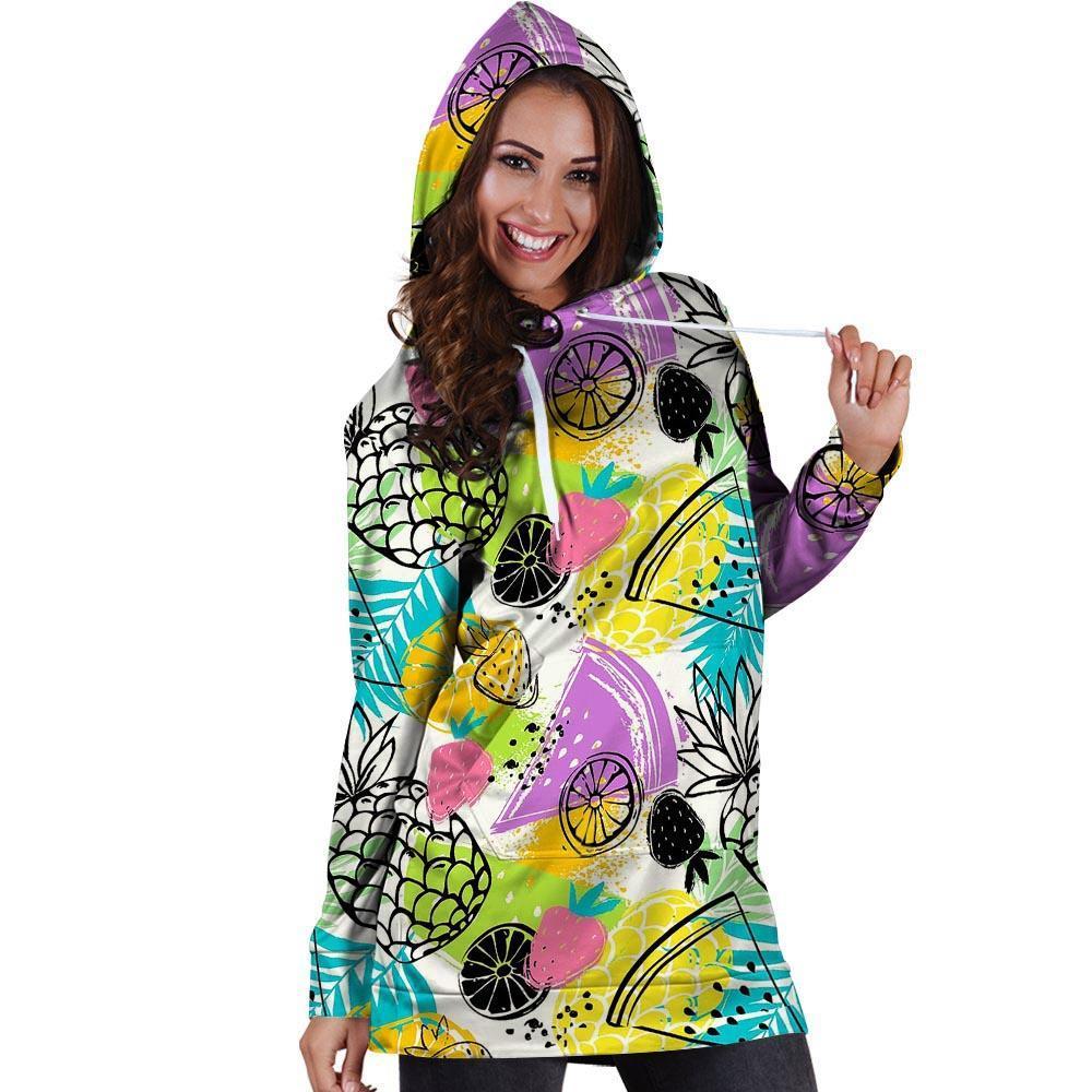 Colorful Mix Fruit Pineapple Hawaiian Print Hoodie Dress-grizzshop