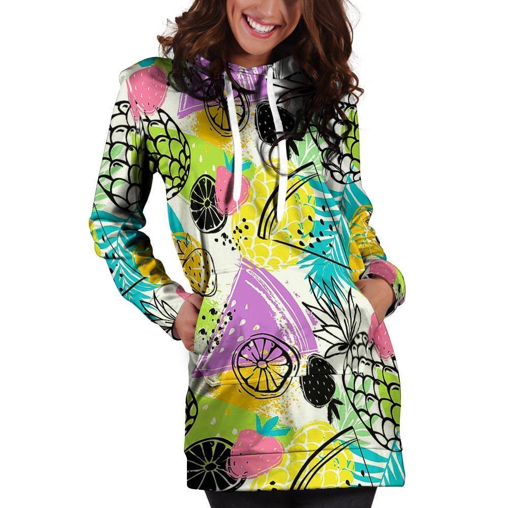 Colorful Mix Fruit Pineapple Hawaiian Print Hoodie Dress-grizzshop