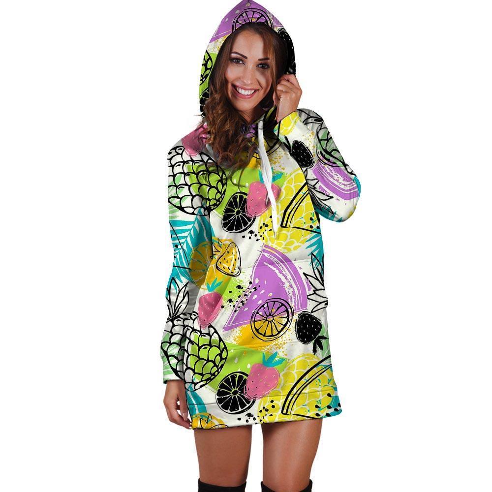 Colorful Mix Fruit Pineapple Hawaiian Print Hoodie Dress-grizzshop