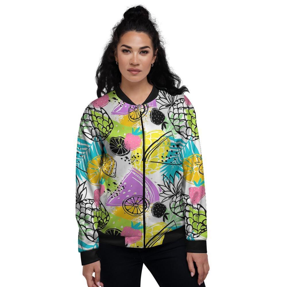 Colorful Mix Fruit Pineapple Hawaiian Print Women's Bomber Jacket-grizzshop