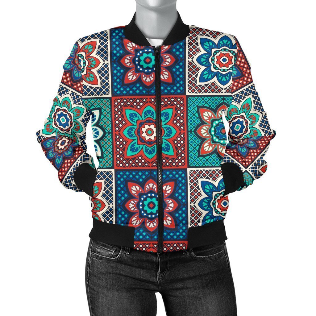 Colorful Mosaic Print Pattern Women Casual Bomber Jacket-grizzshop