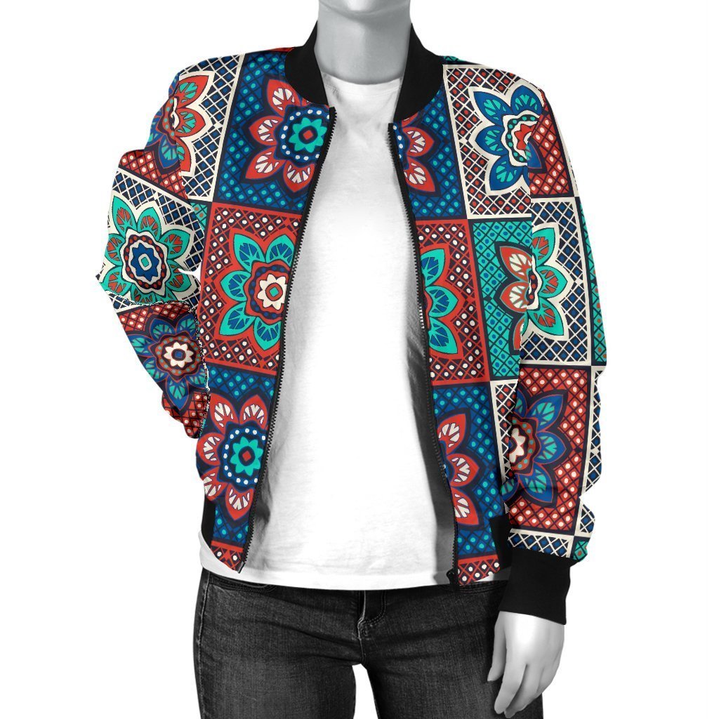 Colorful Mosaic Print Pattern Women Casual Bomber Jacket-grizzshop