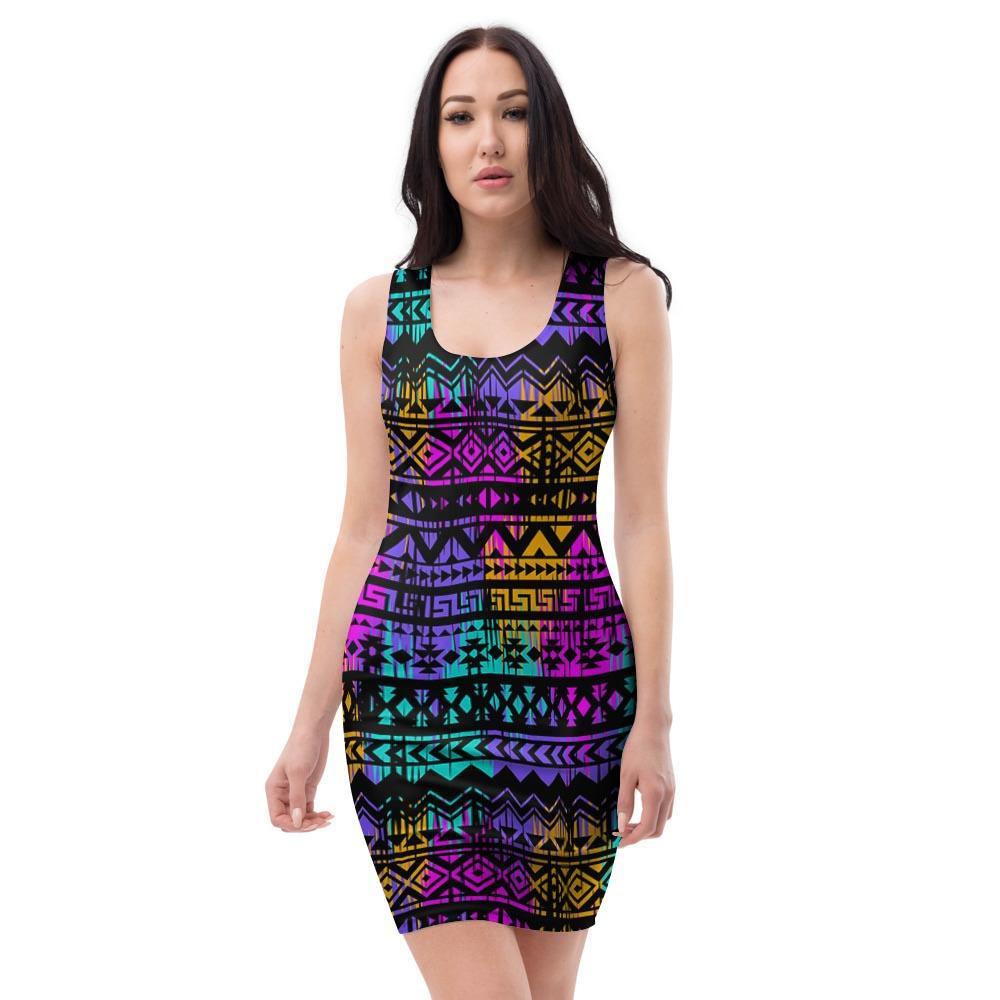 Colorful Native Aztec Geometric Bodycon Dress-grizzshop
