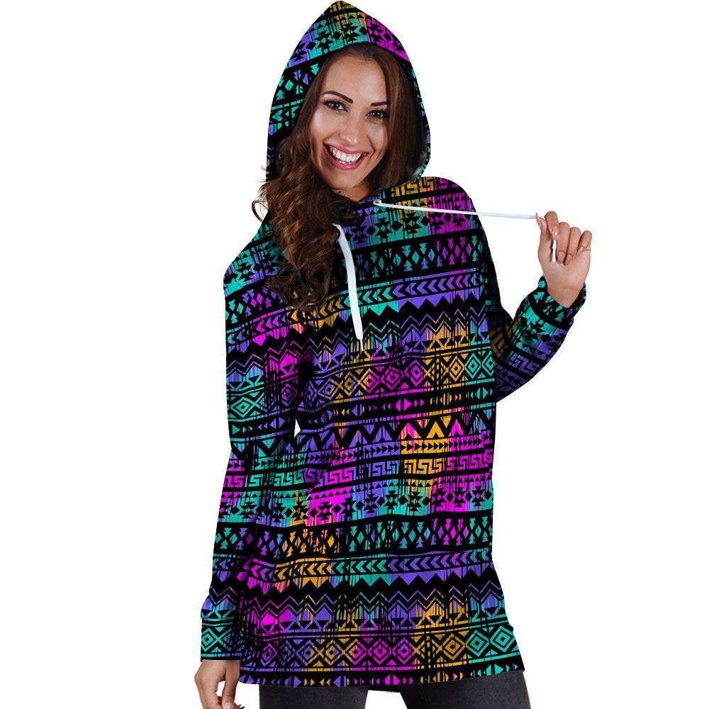 Colorful Native Aztec Geometric Hoodie Dress-grizzshop
