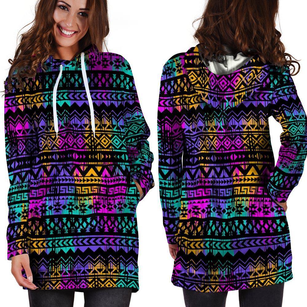 Colorful Native Aztec Geometric Hoodie Dress-grizzshop