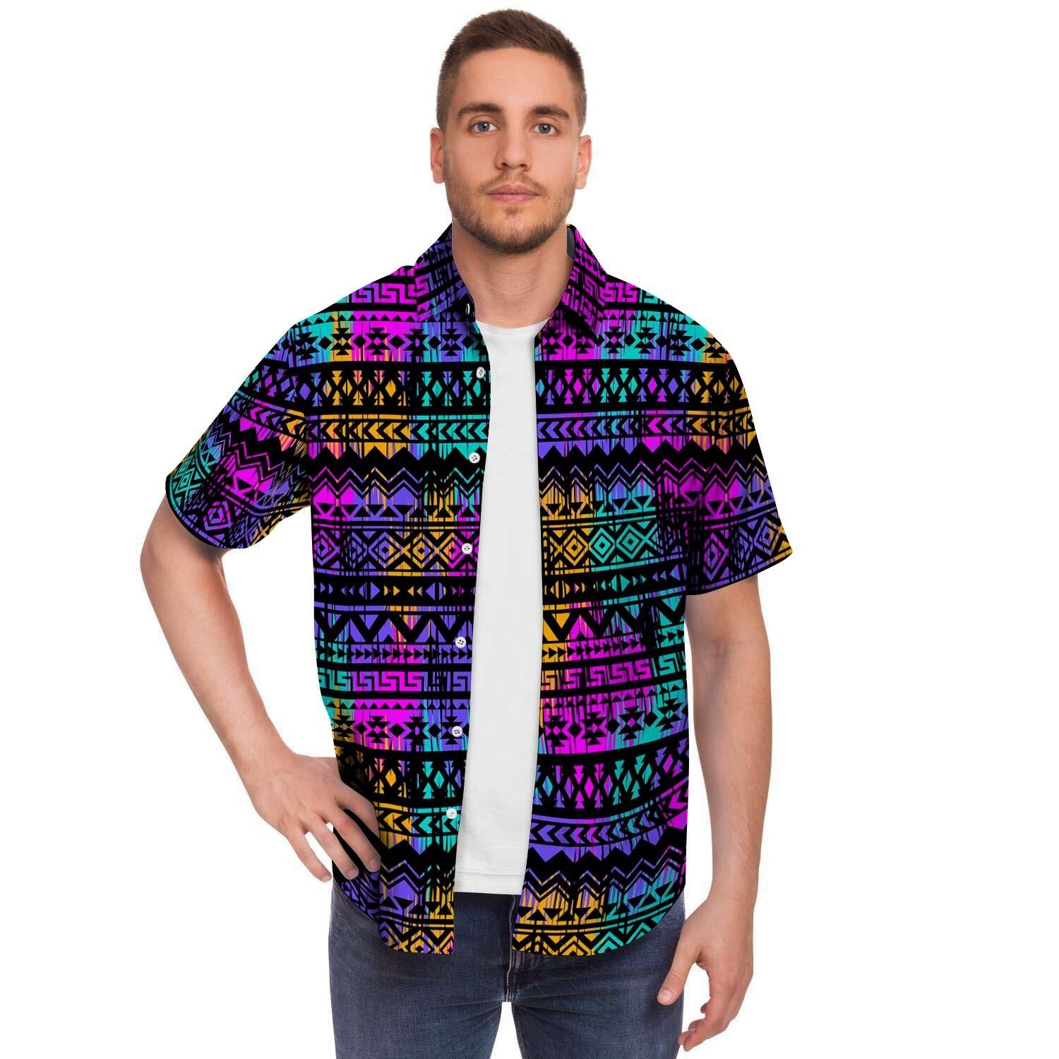 Colorful Native Aztec Geometric Men's Short Sleeve Shirt-grizzshop