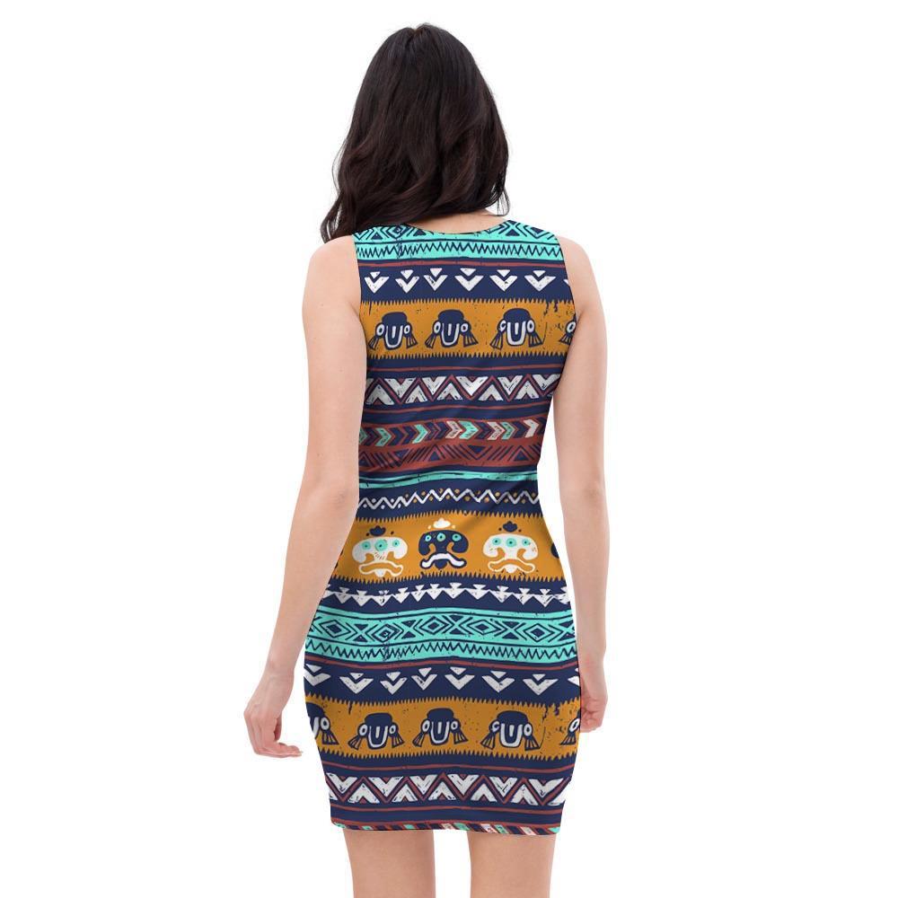 Colorful Neon Ethic Aztec Maya Print Bodycon Dress-grizzshop