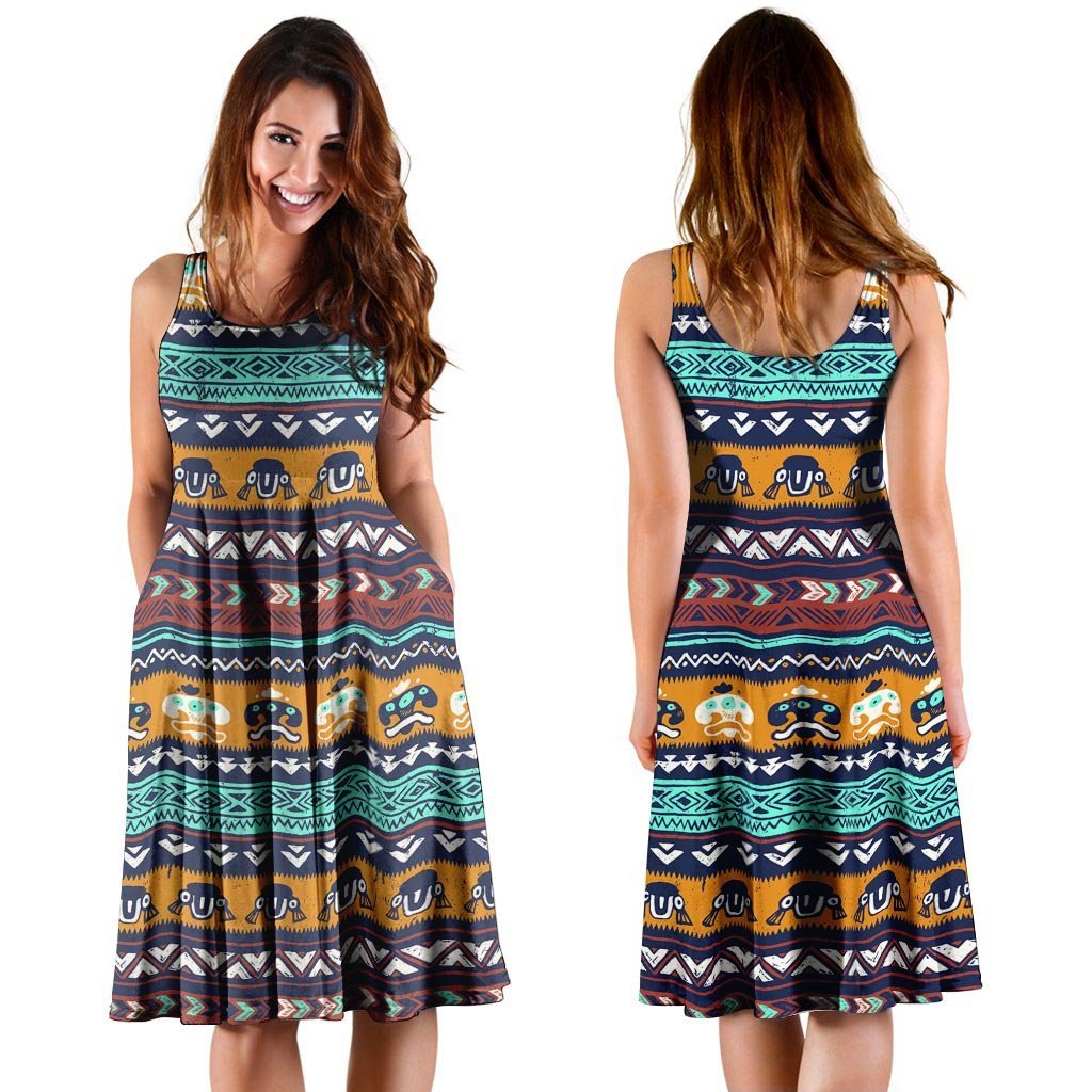 Colorful Neon Ethic Aztec Maya Print Dress-grizzshop