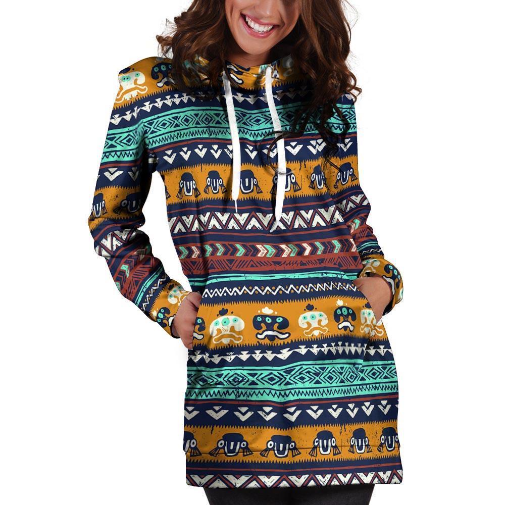Colorful Neon Ethic Aztec Maya Print Hoodie Dress-grizzshop