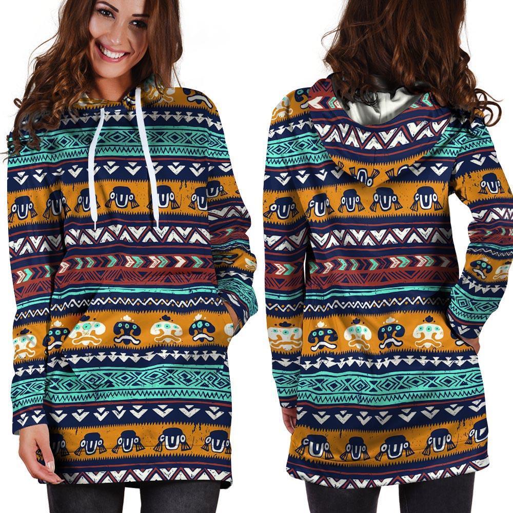 Colorful Neon Ethic Aztec Maya Print Hoodie Dress-grizzshop