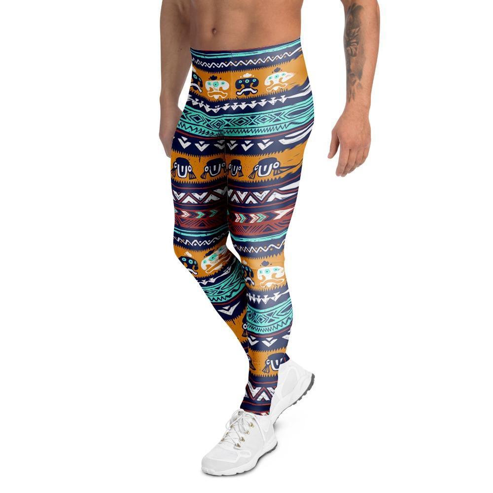 Colorful Neon Ethic Aztec Maya Print Men's Leggings-grizzshop
