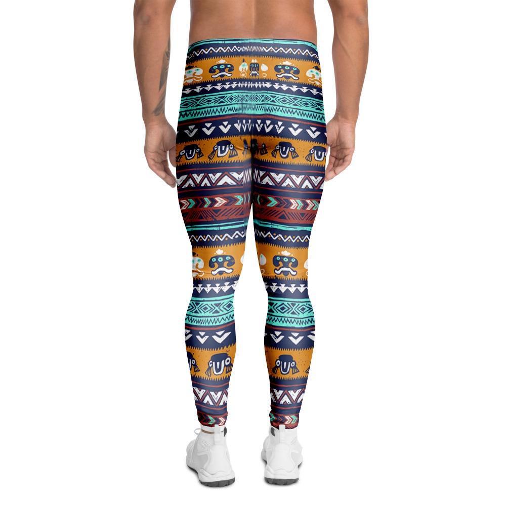 Colorful Neon Ethic Aztec Maya Print Men's Leggings-grizzshop