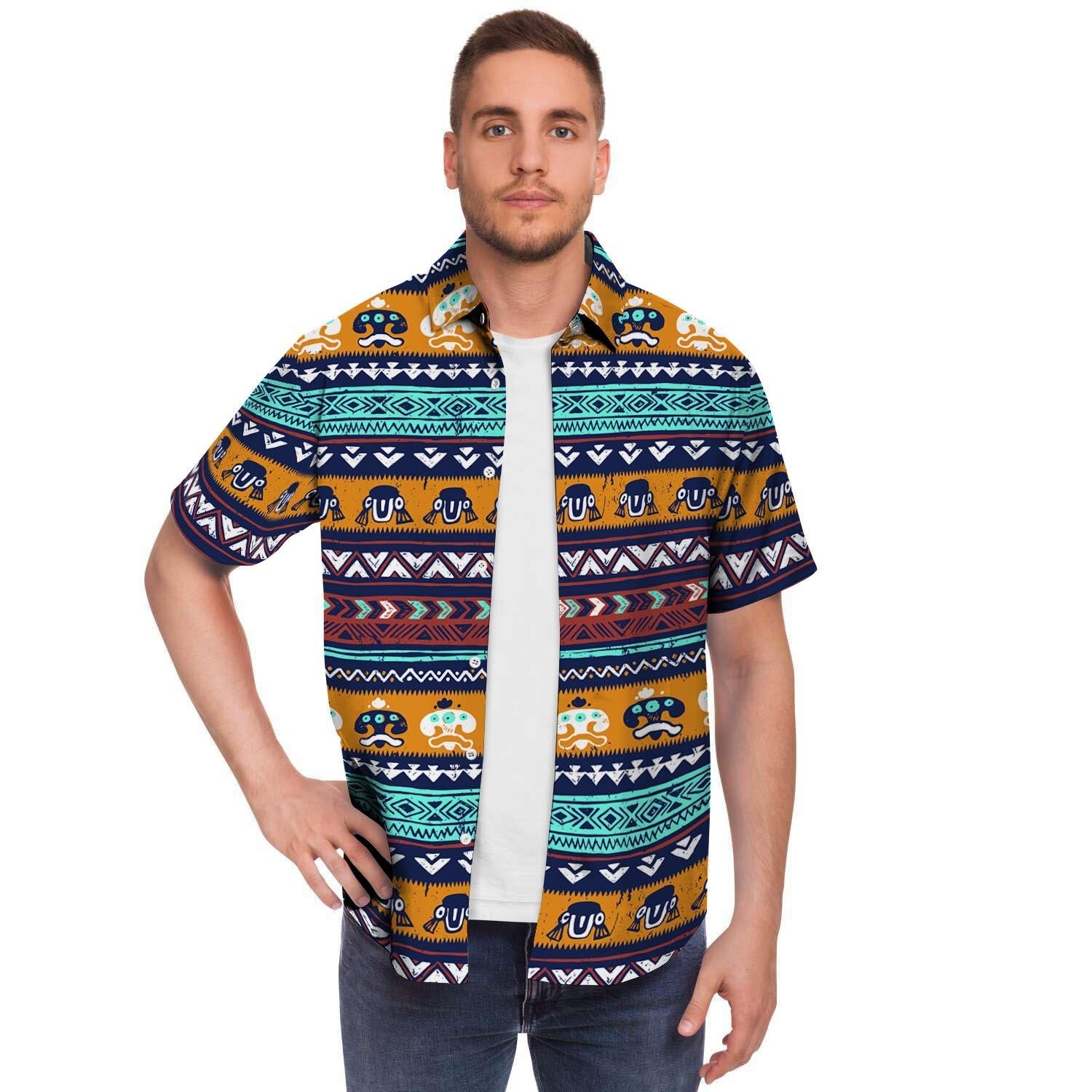 Colorful Neon Ethic Aztec Maya Print Men's Short Sleeve Shirt-grizzshop