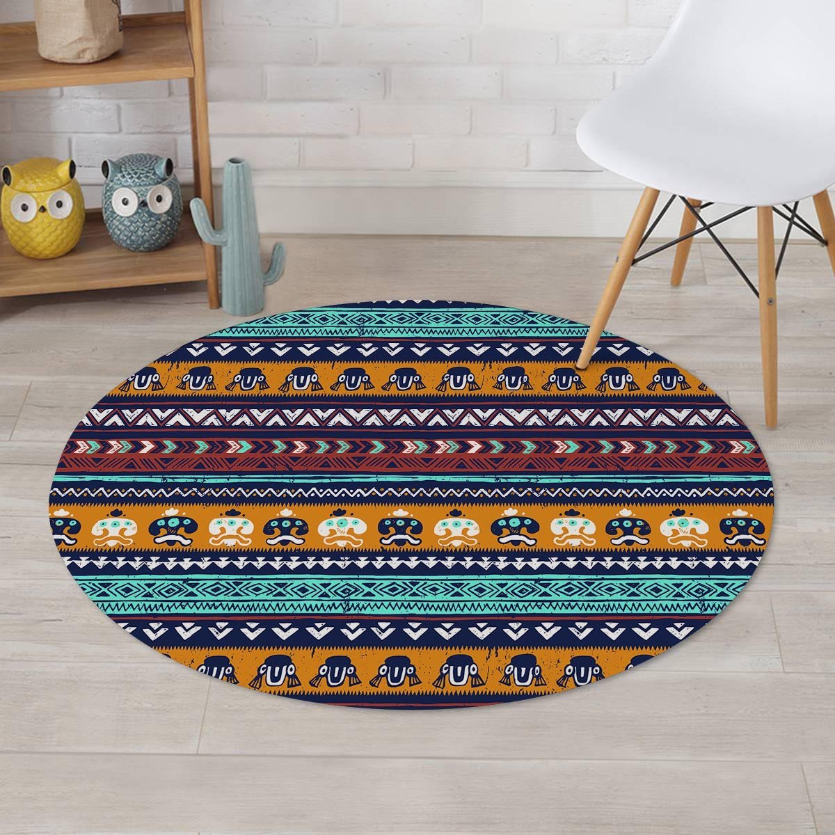 Colorful Neon Ethic Aztec Maya Print Round Rug-grizzshop