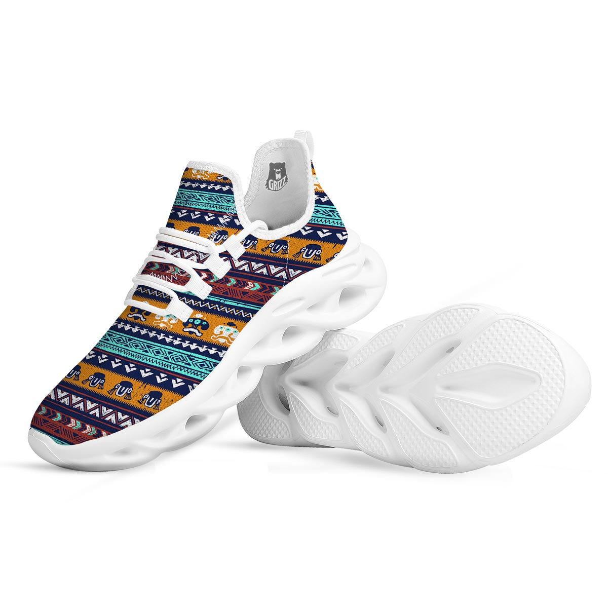 Colorful Neon Ethic Aztec Maya Print White Running Shoes-grizzshop