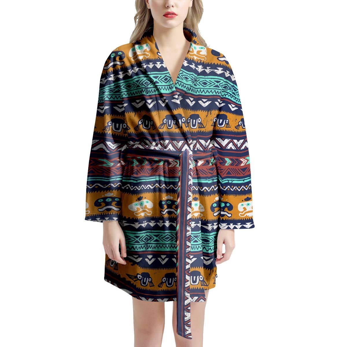 Colorful Neon Ethic Aztec Maya Print Women's Robe-grizzshop