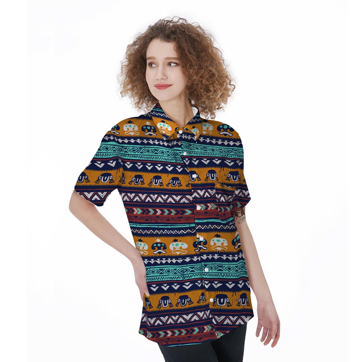 Colorful Neon Ethic Aztec Maya Print Women's Short Sleeve Shirts-grizzshop