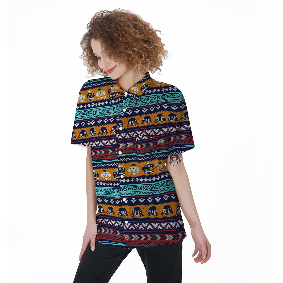 Colorful Neon Ethic Aztec Maya Print Women's Short Sleeve Shirts-grizzshop