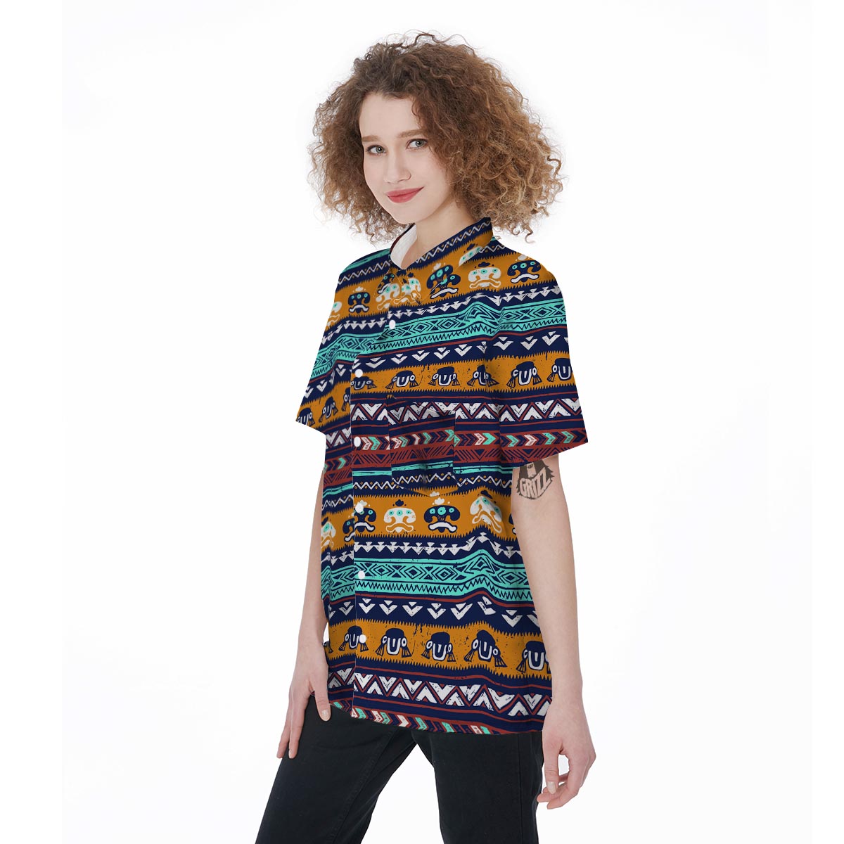 Colorful Neon Ethic Aztec Maya Print Women's Short Sleeve Shirts-grizzshop