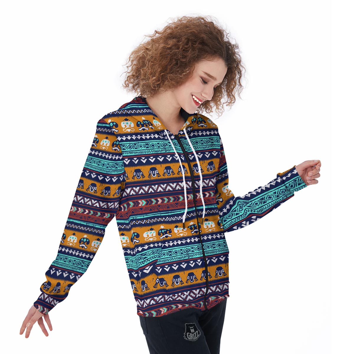 Colorful Neon Ethic Aztec Maya Print Women's Zip Up Hoodie-grizzshop