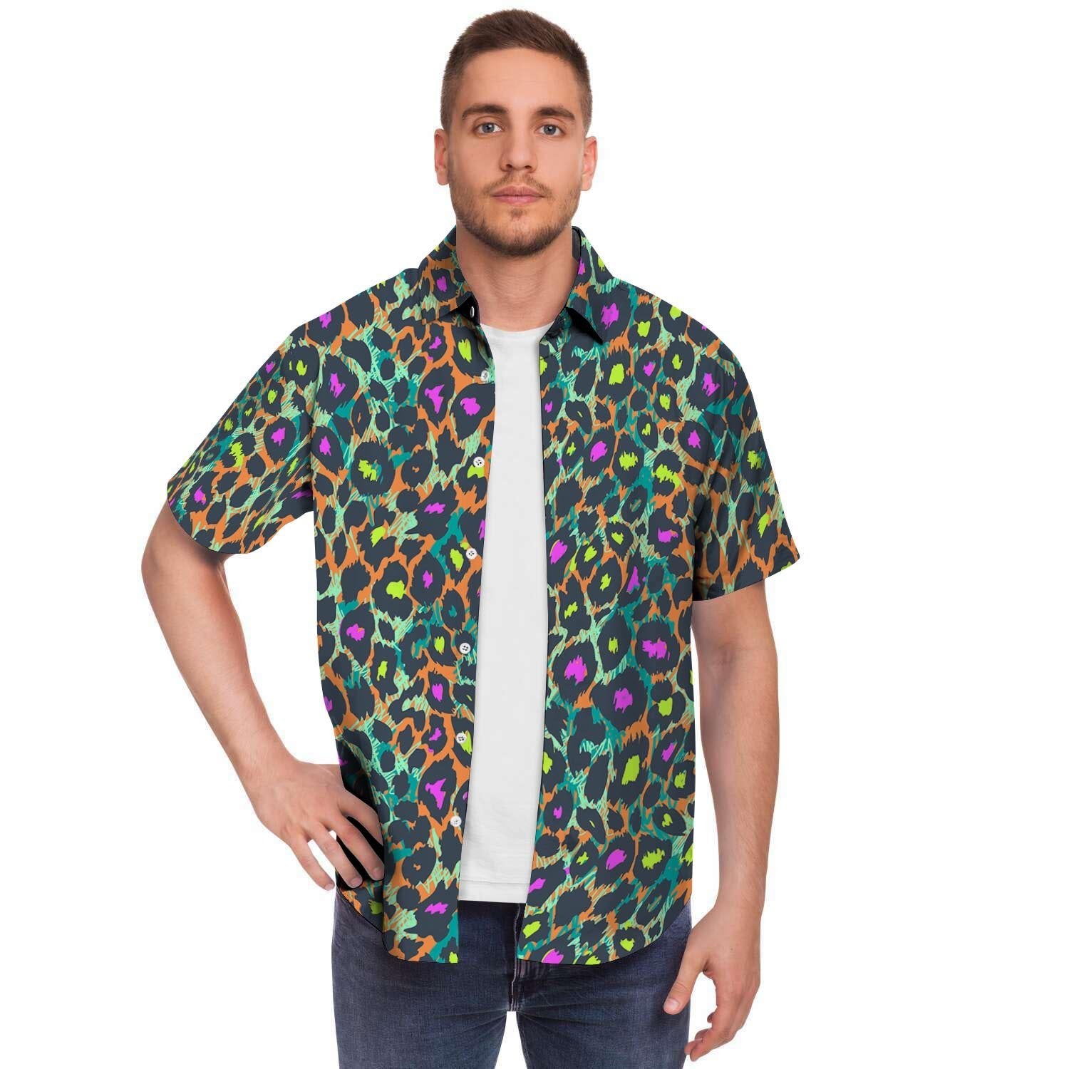 Colorful Neon Leopard Men's Short Sleeve Shirt-grizzshop