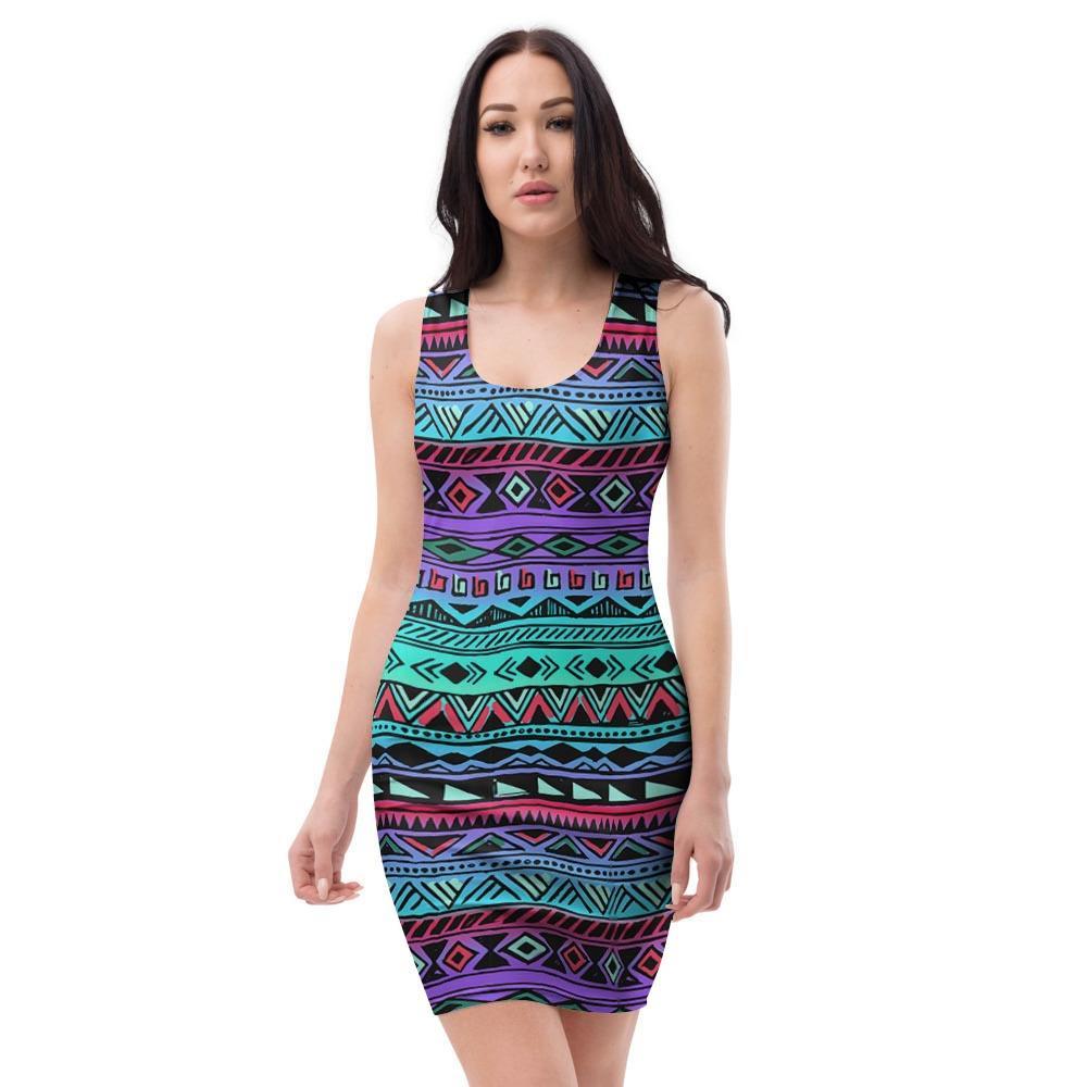 Colorful Neon Tribal Aztec Hand Drawn Bodycon Dress-grizzshop