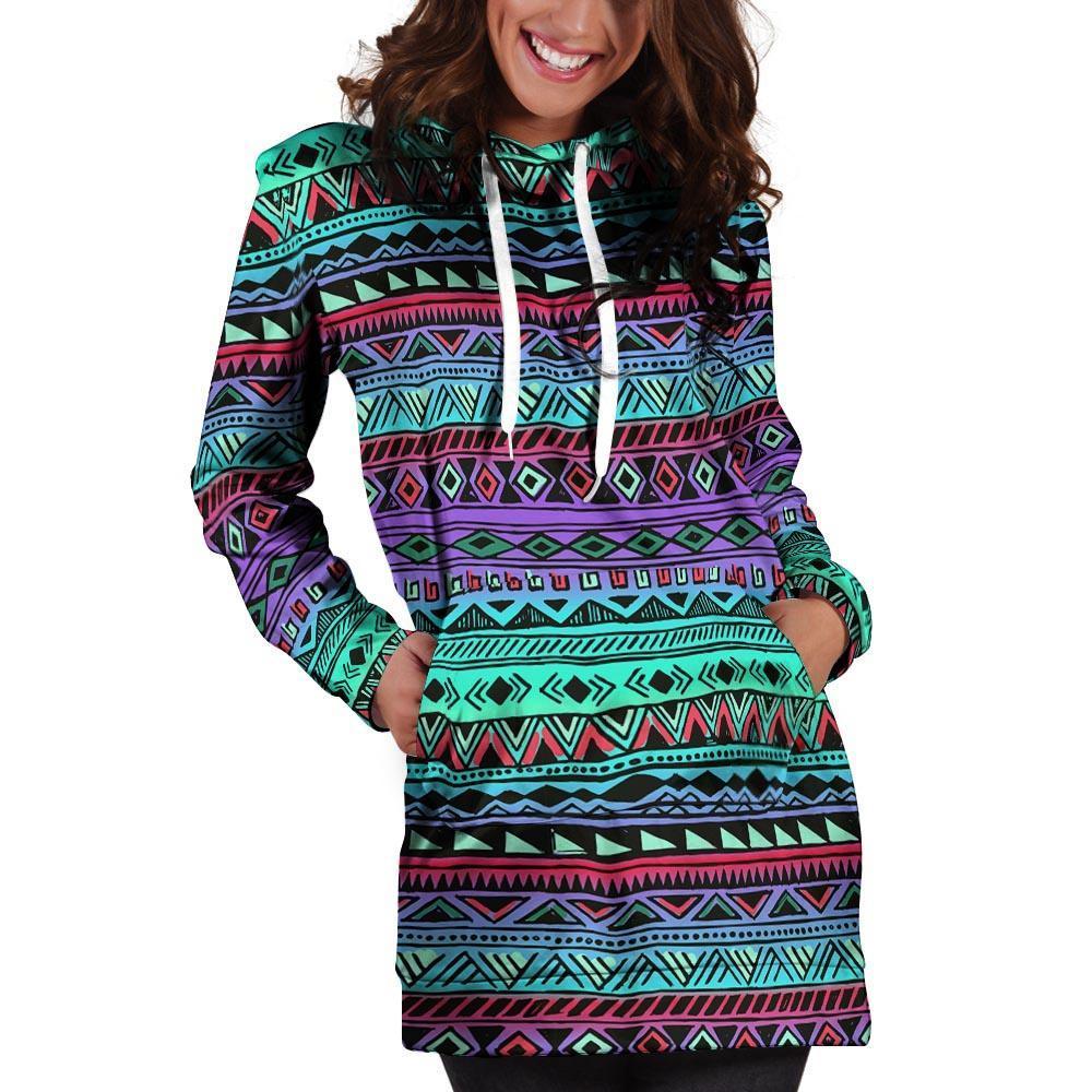 Colorful Neon Tribal Aztec Hand Drawn Hoodie Dress-grizzshop