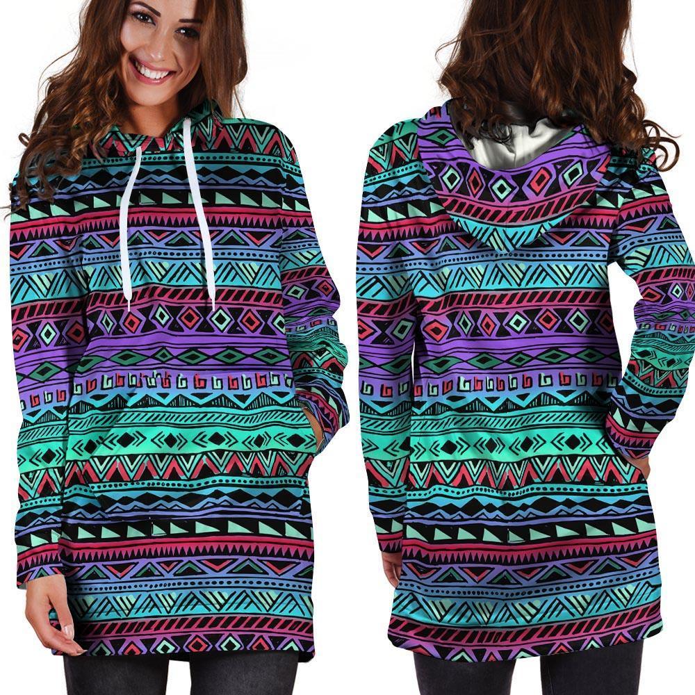 Colorful Neon Tribal Aztec Hand Drawn Hoodie Dress-grizzshop
