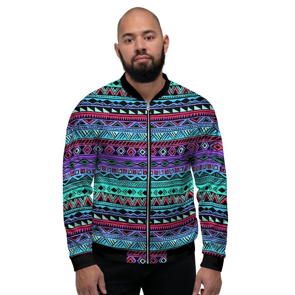 Colorful Neon Tribal Aztec Hand Drawn Men's Bomber Jacket-grizzshop