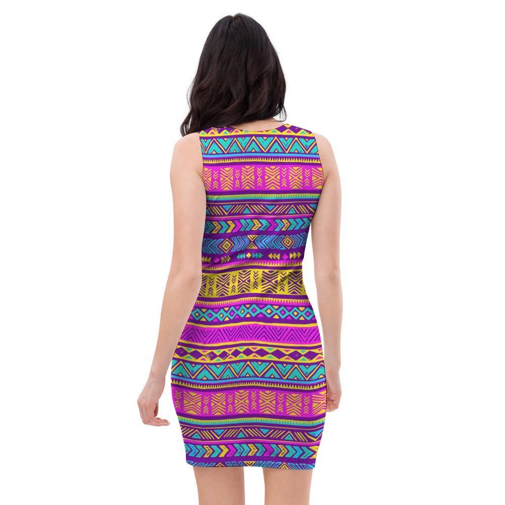 Colorful Neon Tribal Navajo Aztec Print Bodycon Dress-grizzshop