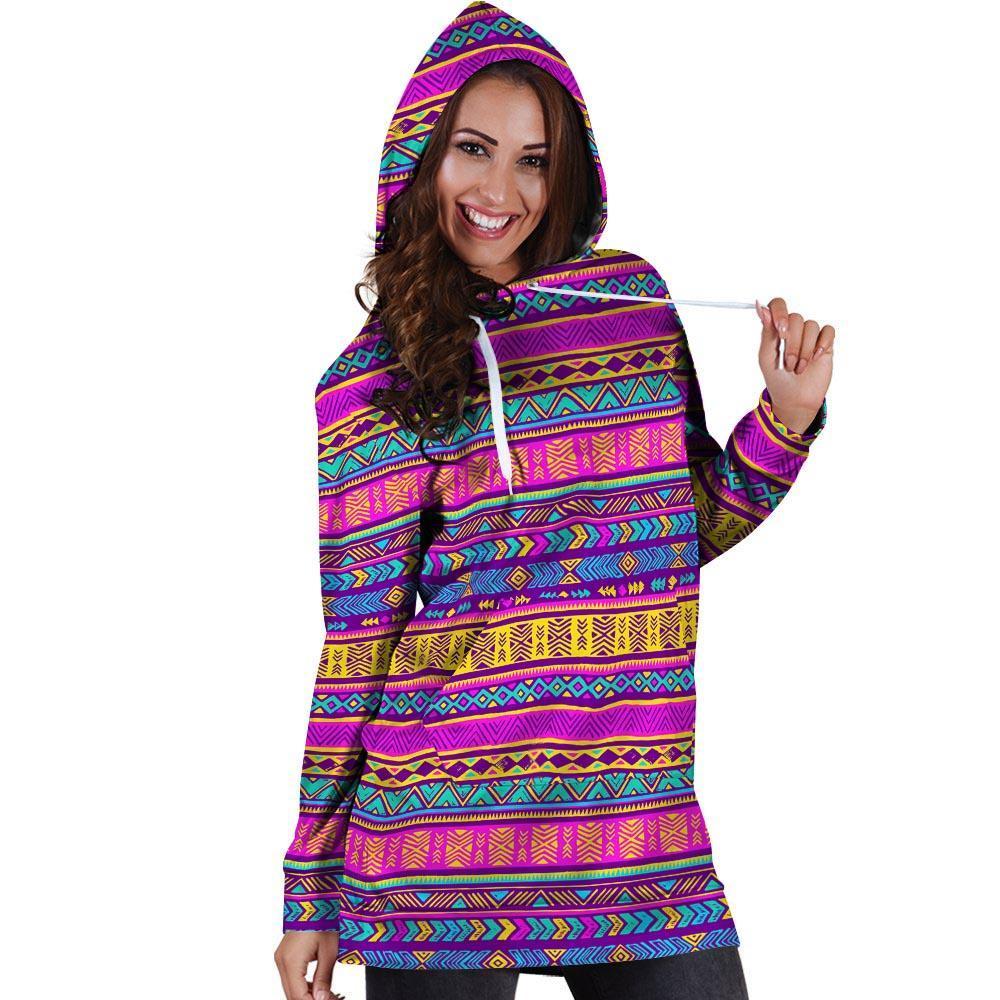 Colorful Neon Tribal Navajo Aztec Print Hoodie Dress-grizzshop