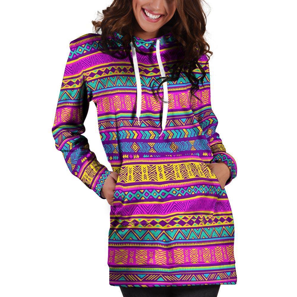 Colorful Neon Tribal Navajo Aztec Print Hoodie Dress-grizzshop