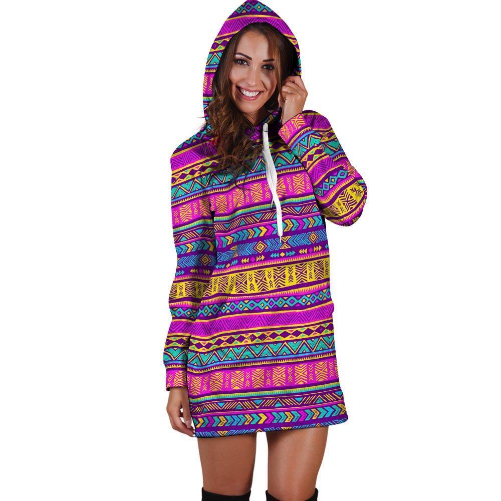 Colorful Neon Tribal Navajo Aztec Print Hoodie Dress-grizzshop